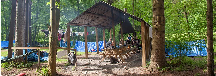 Overkapping met picknicktafels en plek voor maken kampvuur op camping Polleur